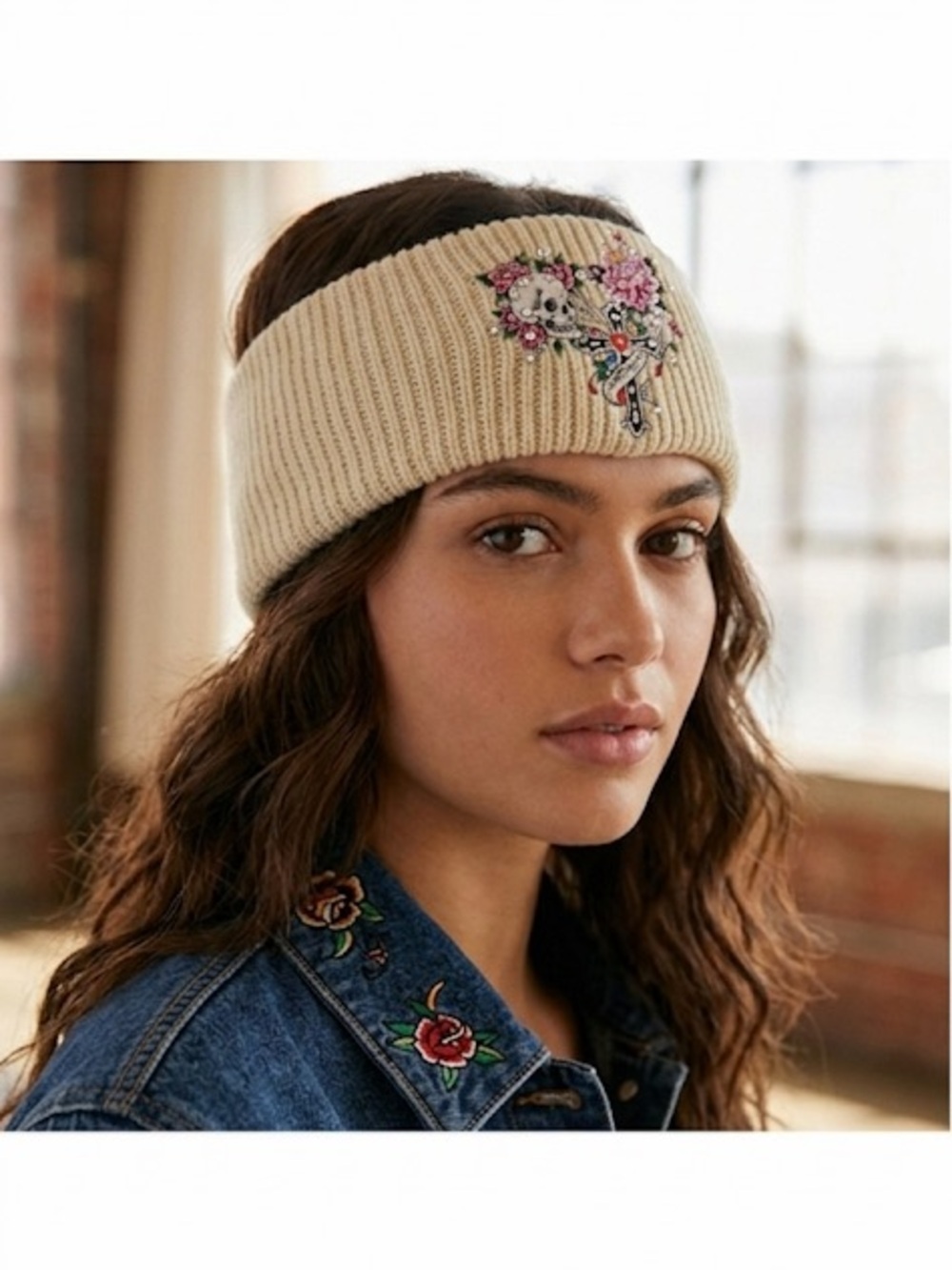 Ed Hardy Knit Headband New Cream Skull Floral y2k 2000s